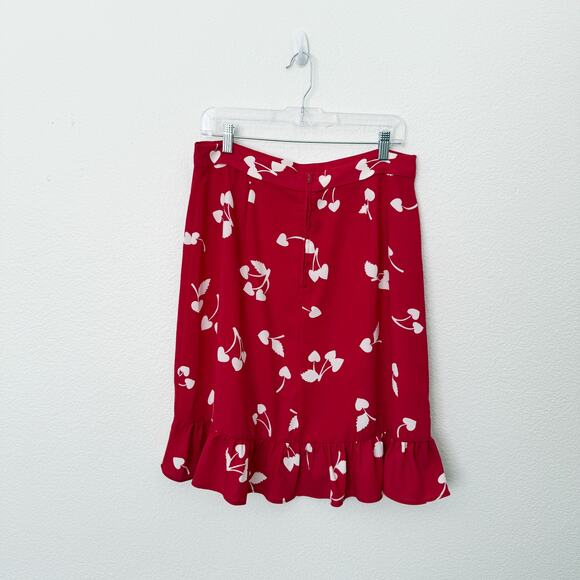 [ModCloth] It's A Wrap Red Cherry Heart Print Ruffle Faux Wrap Midi Skirt Sz 12 - Picture 3 of 11